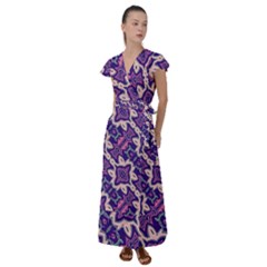 Amethyst And Pink Checkered Stripes Flutter Sleeve Maxi Dress by SpinnyChairDesigns