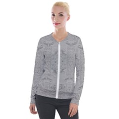 Silver Grey Decorative Floral Pattern Velour Zip Up Jacket by SpinnyChairDesigns