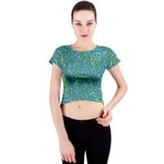 Abstract Blue Green Jungle Paisley Crew Neck Crop Top