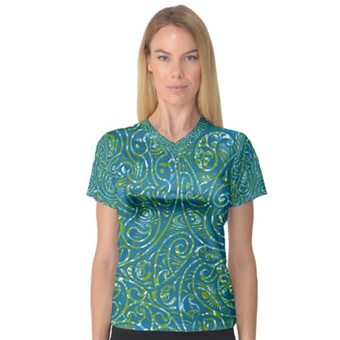 Abstract Blue Green Jungle Paisley V-neck Sport Mesh Tee by SpinnyChairDesigns