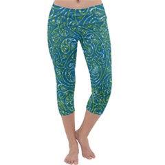 Abstract Blue Green Jungle Paisley Capri Yoga Leggings by SpinnyChairDesigns