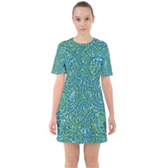 Abstract Blue Green Jungle Paisley Sixties Short Sleeve Mini Dress by SpinnyChairDesigns