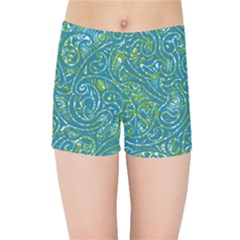 Abstract Blue Green Jungle Paisley Kids  Sports Shorts by SpinnyChairDesigns