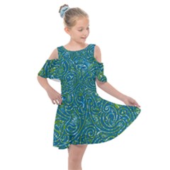 Abstract Blue Green Jungle Paisley Kids  Shoulder Cutout Chiffon Dress