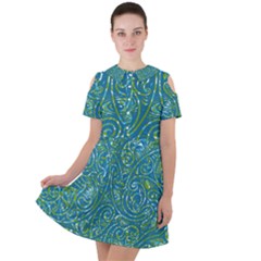 Abstract Blue Green Jungle Paisley Short Sleeve Shoulder Cut Out Dress  by SpinnyChairDesigns