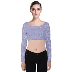 Royal Purple Grey And White Truchet Pattern Velvet Long Sleeve Crop Top by SpinnyChairDesigns