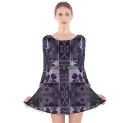 Chive Purple Black Abstract Art Pattern Long Sleeve Velvet Skater Dress by SpinnyChairDesigns