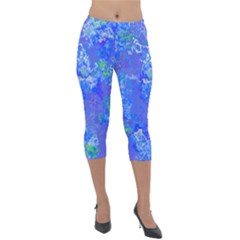 Bright Blue Paint Splatters Lightweight Velour Capri Leggings  by SpinnyChairDesigns