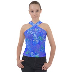 Bright Blue Paint Splatters Cross Neck Velour Top