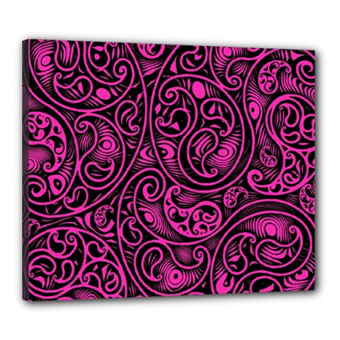 Hot Pink And Black Paisley Swirls Canvas 24  X 20  (stretched) by SpinnyChairDesigns