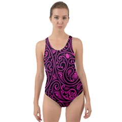 Hot Pink And Black Paisley Swirls Cut-out Back One Piece Swimsuit by SpinnyChairDesigns