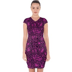 Hot Pink And Black Paisley Swirls Capsleeve Drawstring Dress  by SpinnyChairDesigns