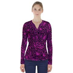 Hot Pink And Black Paisley Swirls V-neck Long Sleeve Top by SpinnyChairDesigns