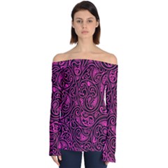 Hot Pink And Black Paisley Swirls Off Shoulder Long Sleeve Top by SpinnyChairDesigns