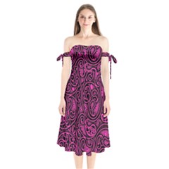 Hot Pink And Black Paisley Swirls Shoulder Tie Bardot Midi Dress by SpinnyChairDesigns