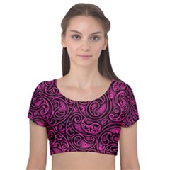 Hot Pink And Black Paisley Swirls Velvet Short Sleeve Crop Top  by SpinnyChairDesigns