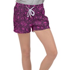 Hot Pink And Black Paisley Swirls Velour Lounge Shorts by SpinnyChairDesigns