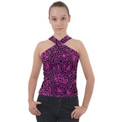 Hot Pink And Black Paisley Swirls Cross Neck Velour Top by SpinnyChairDesigns