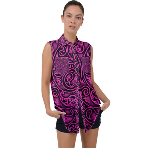 Hot Pink And Black Paisley Swirls Sleeveless Chiffon Button Shirt by SpinnyChairDesigns