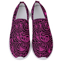 Hot Pink And Black Paisley Swirls Men s Slip On Sneakers by SpinnyChairDesigns