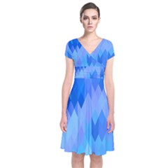 Aqua Blue Diamond Pattern Short Sleeve Front Wrap Dress by SpinnyChairDesigns