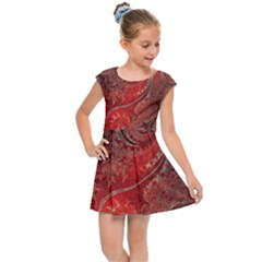 Scarlet Red Grey Brown Swirls Spirals Kids  Cap Sleeve Dress by SpinnyChairDesigns
