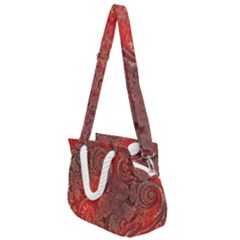 Scarlet Red Grey Brown Swirls Spirals Rope Handles Shoulder Strap Bag