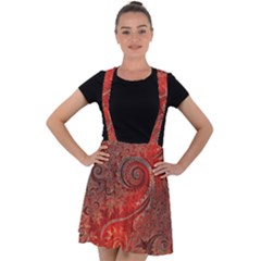 Scarlet Red Grey Brown Swirls Spirals Velvet Suspender Skater Skirt