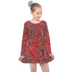 Scarlet Red Grey Brown Swirls Spirals Kids  Long Sleeve Dress by SpinnyChairDesigns
