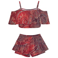 Scarlet Red Grey Brown Swirls Spirals Kids  Off Shoulder Skirt Bikini by SpinnyChairDesigns