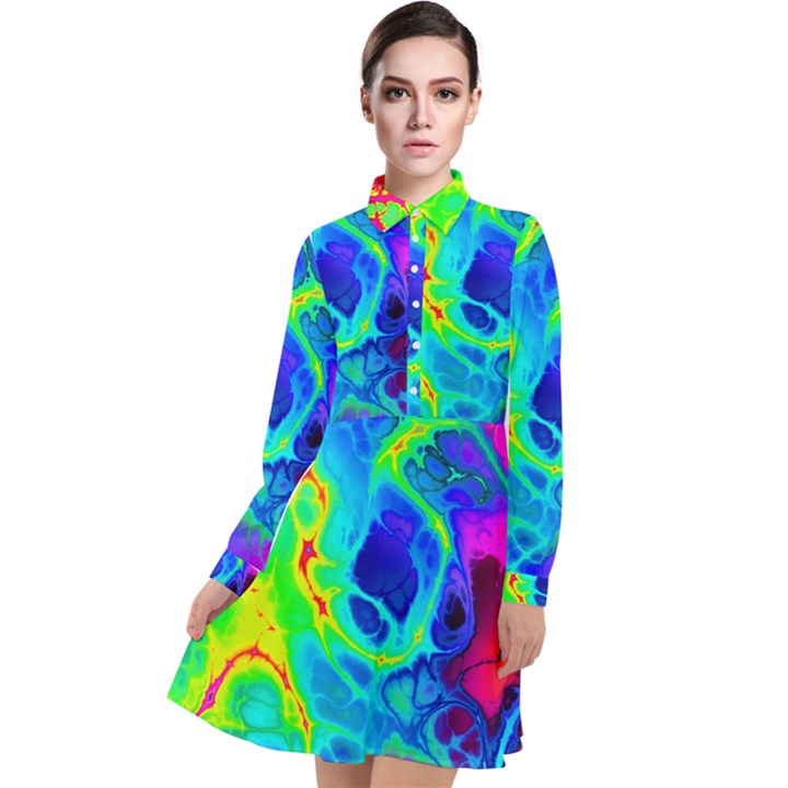 Abstract Art Tie Dye Rainbow Long Sleeve Chiffon Shirt Dress