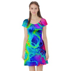 Abstract Art Tie Dye Rainbow Short Sleeve Skater Dress by SpinnyChairDesigns