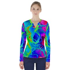 Abstract Art Tie Dye Rainbow V-neck Long Sleeve Top by SpinnyChairDesigns