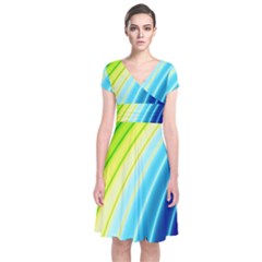 Sporty Stripes Swoosh Green Blue Short Sleeve Front Wrap Dress by SpinnyChairDesigns
