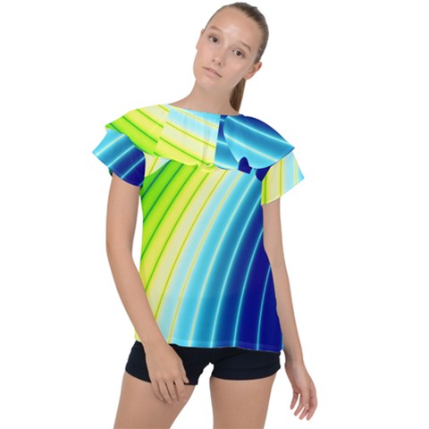 Sporty Stripes Swoosh Green Blue Ruffle Collar Chiffon Blouse by SpinnyChairDesigns