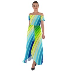 Sporty Stripes Swoosh Green Blue Off Shoulder Open Front Chiffon Dress