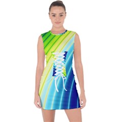 Sporty Stripes Swoosh Green Blue Lace Up Front Bodycon Dress