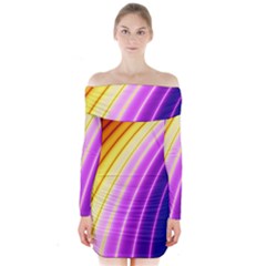 Sporty Stripes Swoosh Purple Gold Red Long Sleeve Off Shoulder Dress by SpinnyChairDesigns