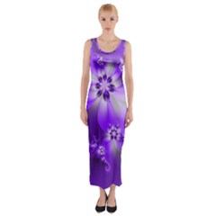 Violet Purple Flower Print Fitted Maxi Dress by SpinnyChairDesigns