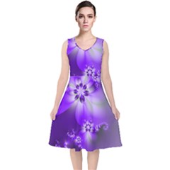 Violet Purple Flower Print V-neck Midi Sleeveless Dress  by SpinnyChairDesigns