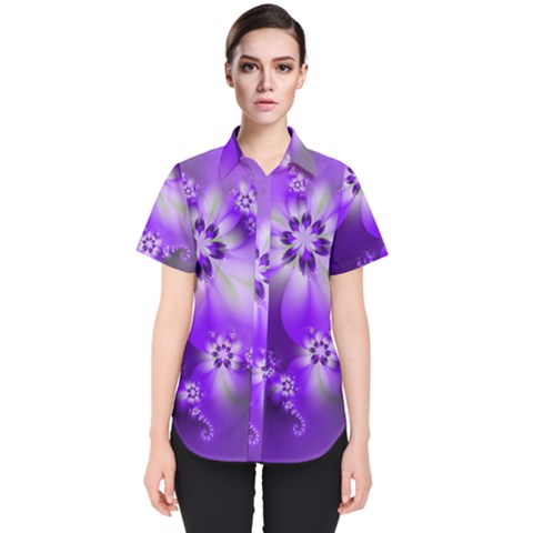 Violet Purple Flower Print Women s Short Sleeve Shirt by SpinnyChairDesigns