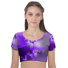 Violet Purple Flower Print Velvet Short Sleeve Crop Top  by SpinnyChairDesigns