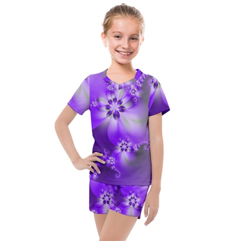 Violet Purple Flower Print Kids  Mesh Tee And Shorts Set by SpinnyChairDesigns