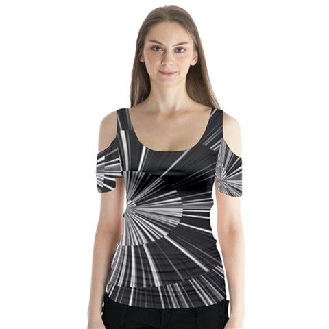 Abstract Black And White Stripes Butterfly Sleeve Cutout Tee  by SpinnyChairDesigns