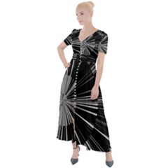 Abstract Black And White Stripes Button Up Short Sleeve Maxi Dress by SpinnyChairDesigns