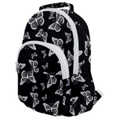 Black And White Butterfly Pattern Rounded Multi Pocket Backpack by SpinnyChairDesigns