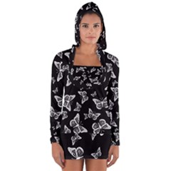 Black And White Butterfly Pattern Long Sleeve Hooded T-shirt by SpinnyChairDesigns