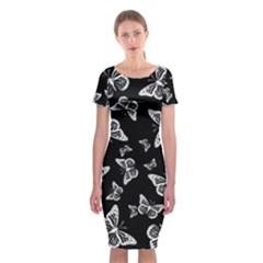 Black And White Butterfly Pattern Classic Short Sleeve Midi Dress by SpinnyChairDesigns