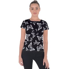 Black And White Butterfly Pattern Short Sleeve Sports Top  by SpinnyChairDesigns