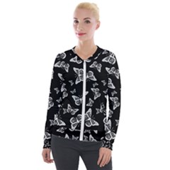 Black And White Butterfly Pattern Velour Zip Up Jacket by SpinnyChairDesigns